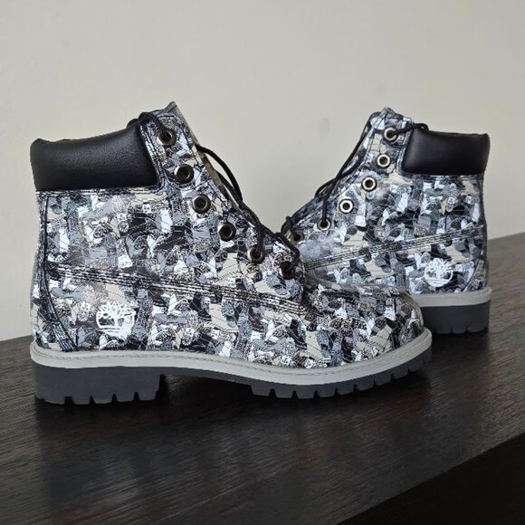 NIB Timberland Black White & Gray Camo Patterned Leather 6" Lug Sole Boots - Picture 3 of 16